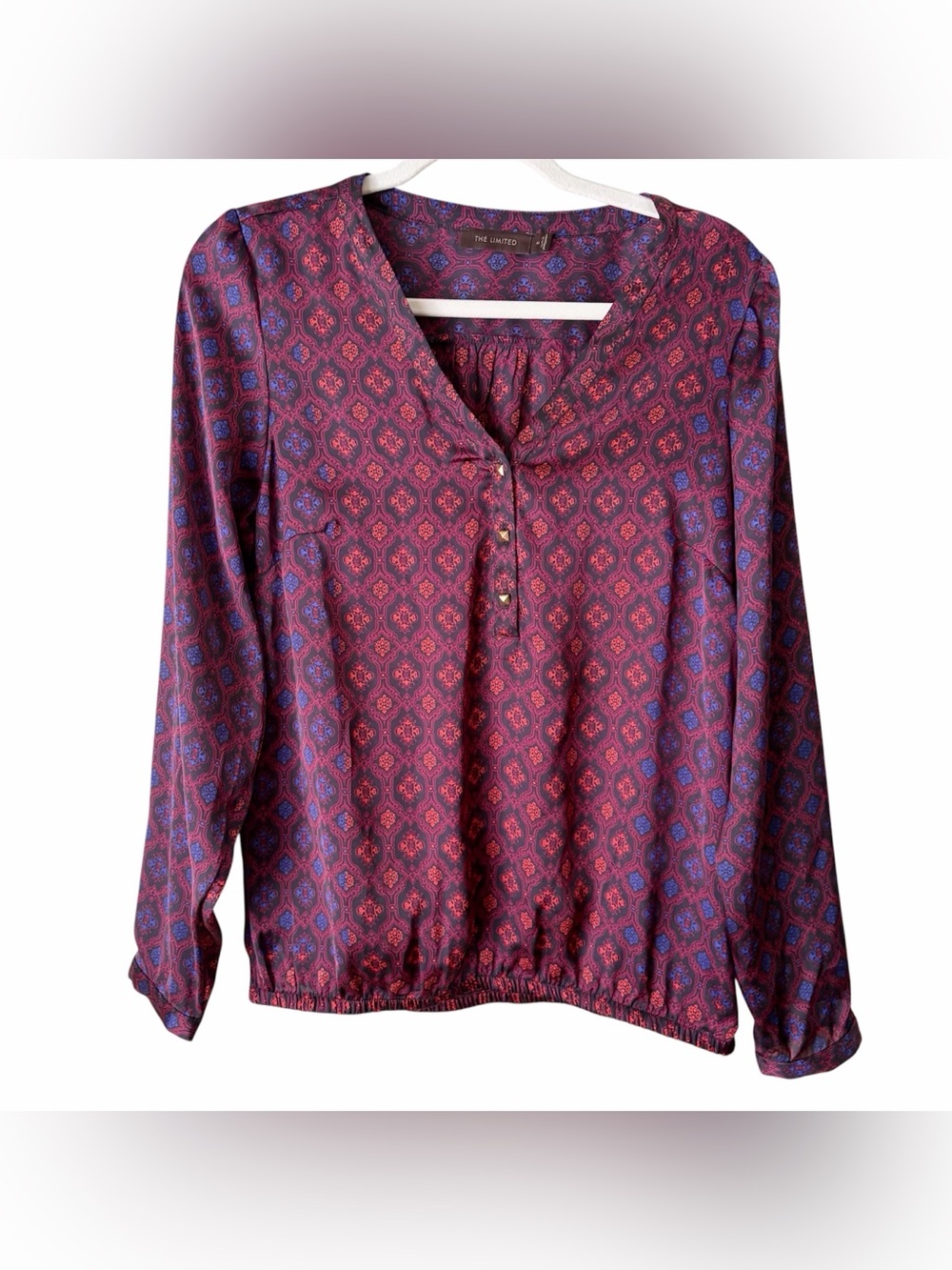 The Limited | Long Sleeve Blouse Top Silky Burgundy Red Jewel Tone Medium